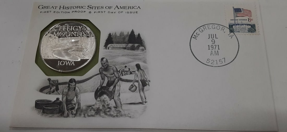 Proof Sterling Silver Effigy Mounds Iowa Medal in First Day Cover by Franklin Mint (1 of 3)