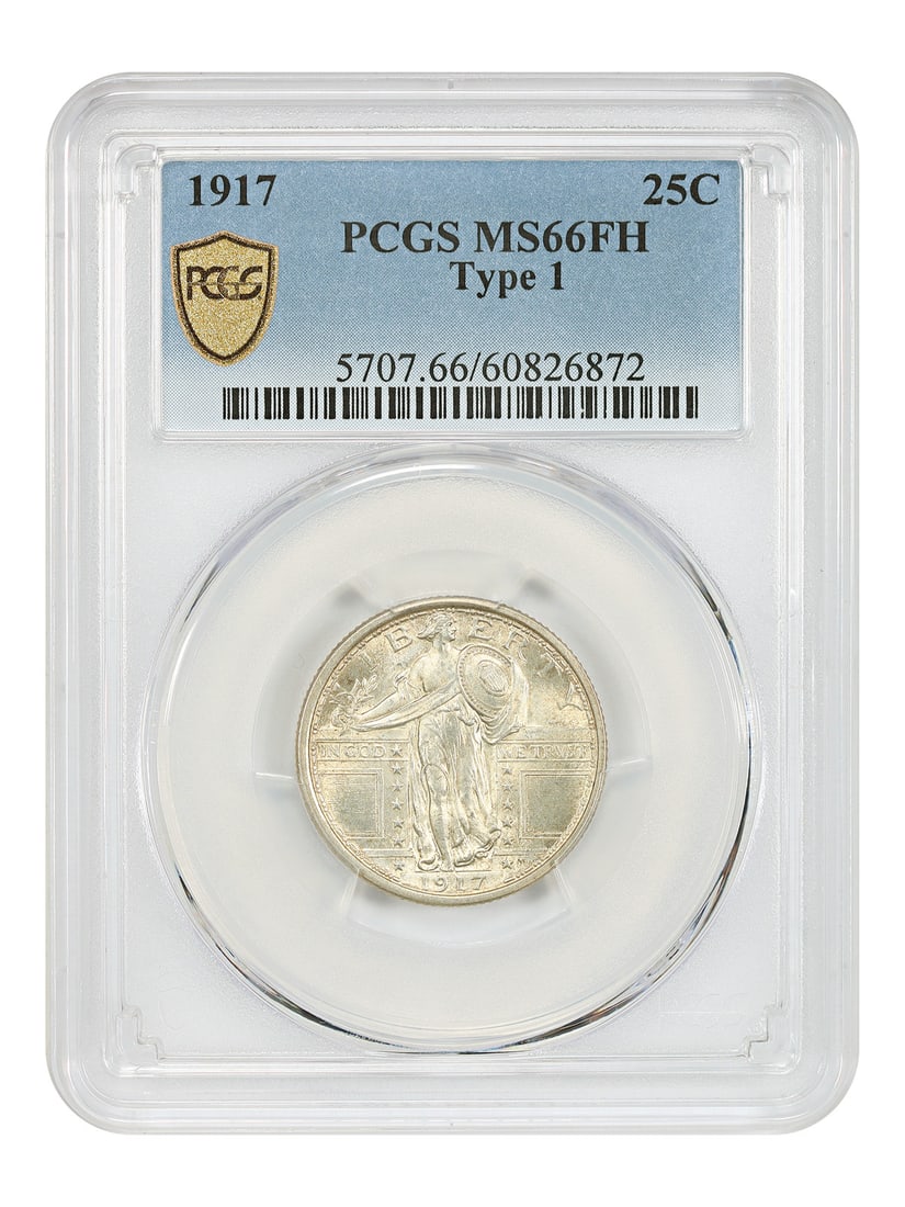 Standing Liberty Quarter 1917 Type 1 PCGS MS66FH Philadelphia 25C: Standing Liberty Quarter 1917 Type 1 PCGS MS66FH Philadelphia 25C This is a 1917 Standing Liberty Quarter, Type 1, graded MS66FH by PCGS. The coin features frosty luster with sharply struck, lightly t