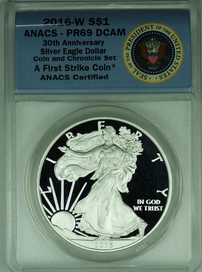 ANACS PR 69 2016-W Proof Silver Eagle One Dollar Coin: ANACS PR 69 2016-W Proof Silver Eagle One Dollar Coin This 2016-W American Proof Silver Eagle is a $1 commemorative coin, certified by ANACS with a grade of PF 69 Ultra Cameo. Struck in proof quality,