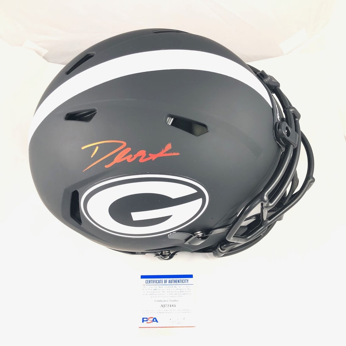 Deandre Swift Autographed Full Size Eclipse Helmet PSA/DNA Fanatics: Deandre Swift Autographed Full Size Eclipse Helmet PSA/DNA Fanatics This is a full-size replica football helmet autographed by Deandre Swift, a prominent player for the Detroit Lions and former star o