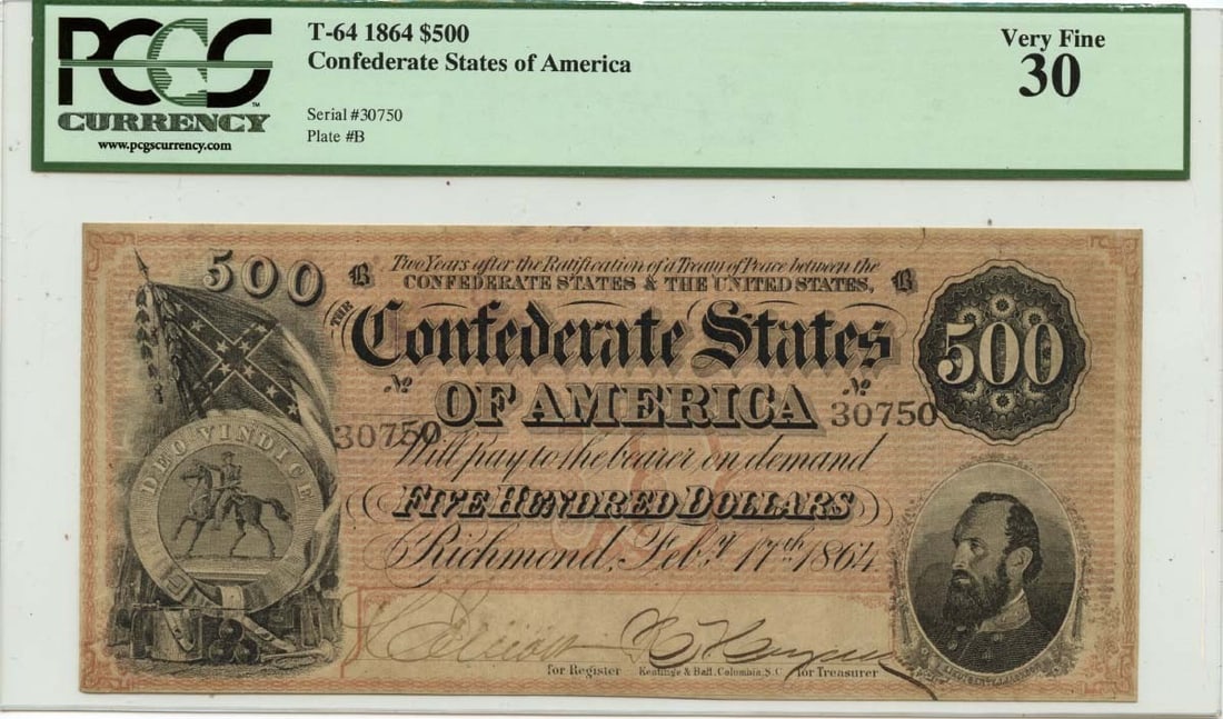 PCGS VF30 1864 Confederate $500 T-64 Currency Note (1 of 2)