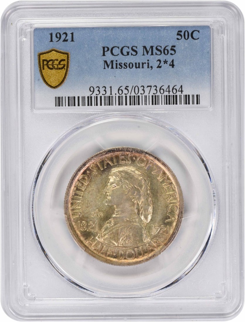 1921 Commemorative Half Dollar MS65 PCGS Missouri Silver Coin: 1921 Commemorative Half Dollar MS65 PCGS Missouri Silver Coin This Missouri 2x4 Commemorative Silver Half Dollar from 1921 is graded MS65 by PCGS, indicating a high-quality, uncirculated coin. Struck 