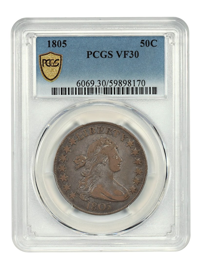 PCGS VF30 Draped Bust 1805 Half Dollar Coin: PCGS VF30 Draped Bust 1805 Half Dollar Coin This 1805 Draped Bust Half Dollar is graded VF30 by PCGS and features a well-struck design with even, peach-toned patina. Struck at the Philadelphia Mint, t