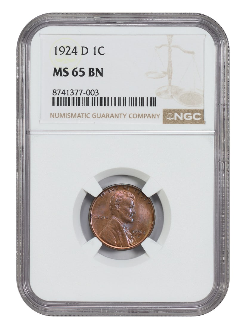 1924-D Lincoln Wheat Cent NGC MS65BN Scarce Mint State Brown: 1924-D Lincoln Wheat Cent NGC MS65BN Scarce Mint State Brown This 1924-D Lincoln Cent features the Wheat Reverse design and is certified by NGC with a grade of MS65BN. Recognized as a semi-key date in