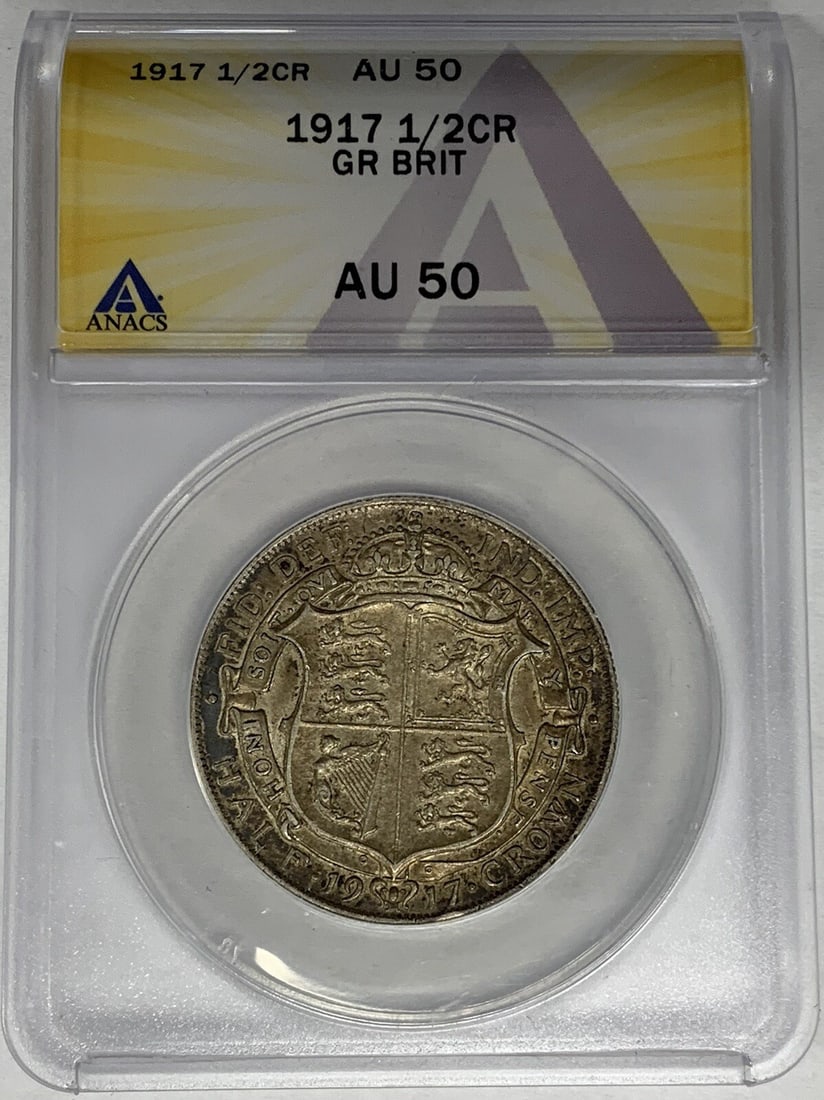 1917 Silver Half Crown from Great Britain ANACS AU 50 Certified: 1917 Silver Half Crown from Great Britain ANACS AU 50 Certified This 1917 Great Britain Half Crown coin is certified by ANACS with a grade of AU 50. It is composed of silver and originates from the Un