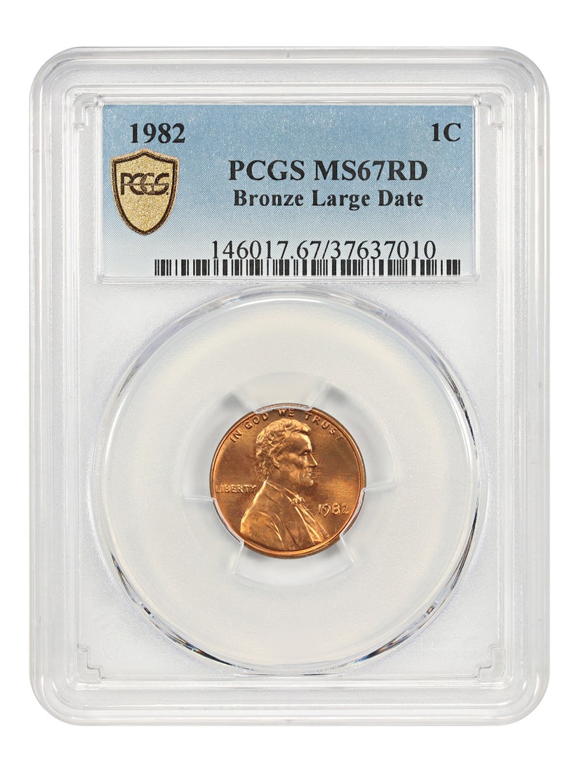 PCGS MS67RD 1982 Lincoln Cent Large Date Bronze Philadelphia: PCGS MS67RD 1982 Lincoln Cent Large Date Bronze Philadelphia This 1982 Lincoln Cent features a bronze composition and a large date, graded MS67RD by PCGS. The coin is uncirculated and was minted in Ph