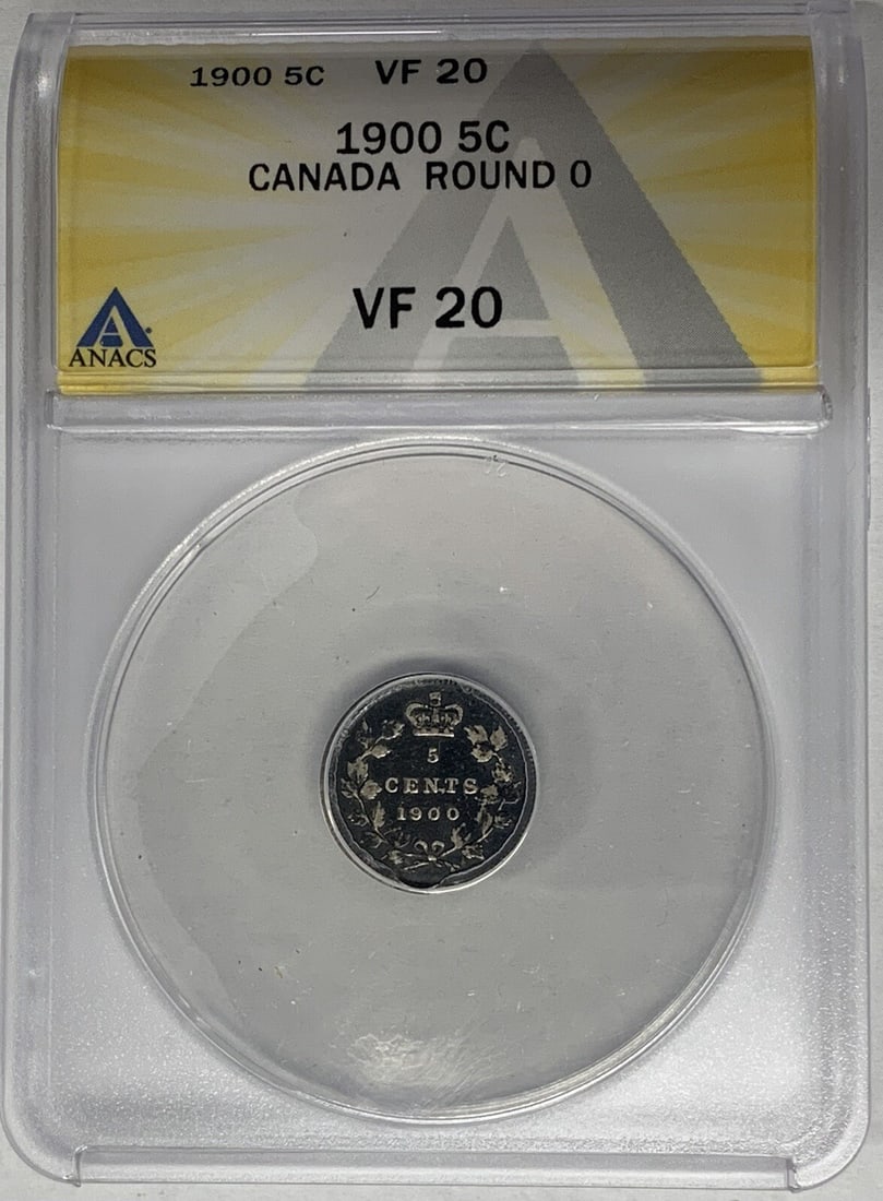 1900 Canadian Silver 5 Cent Coin ANACS VF 20 Certified: 1900 Canadian Silver 5 Cent Coin ANACS VF 20 Certified This is a 1900 Canada 5 cent coin composed of silver. The coin is circulated and has been certified by ANACS with a grade of VF 20. It features t