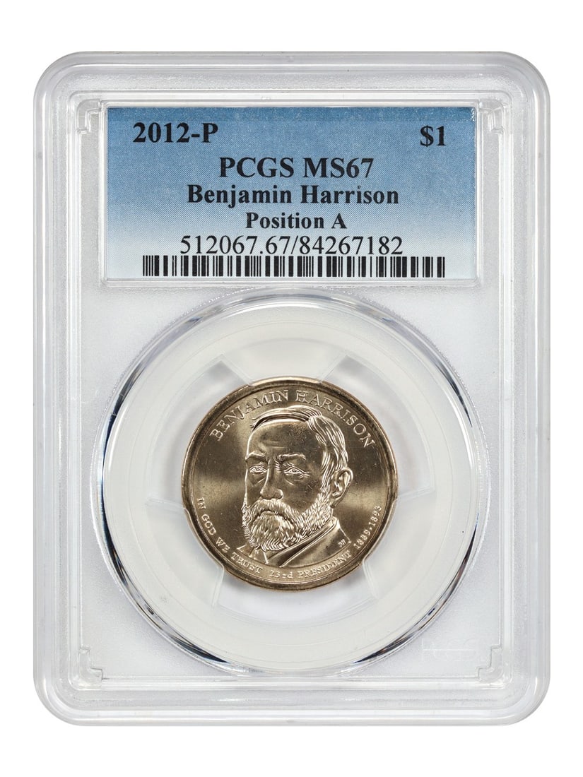 PCGS MS67 2012 Philadelphia Benjamin Harrison Dollar Position A: PCGS MS67 2012 Philadelphia Benjamin Harrison Dollar Position A This 2012-P Benjamin Harrison Presidential Dollar is graded MS67 by PCGS and remains in un-used condition. Minted in Philadelphia, this 