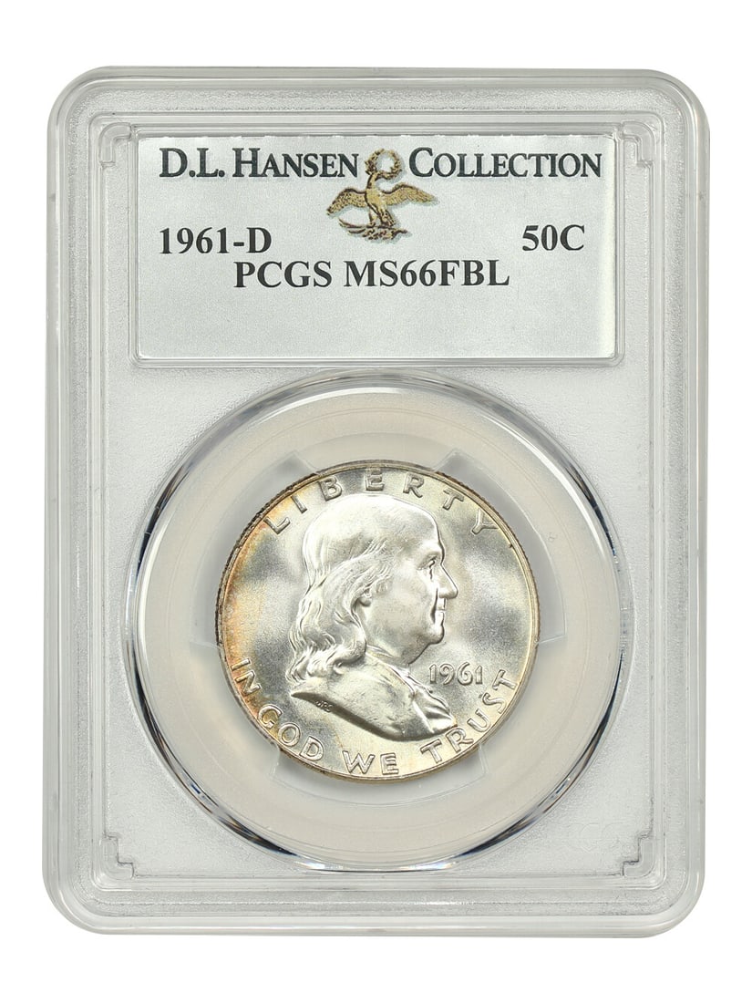 1961-D Franklin Half Dollar PCGS MS66FBL Certified D.L. Hansen: 1961-D Franklin Half Dollar PCGS MS66FBL Certified D.L. Hansen This 1961-D Franklin Half Dollar is certified by PCGS with a grade of MS66FBL, indicating a superb gem quality with a full bell line desi