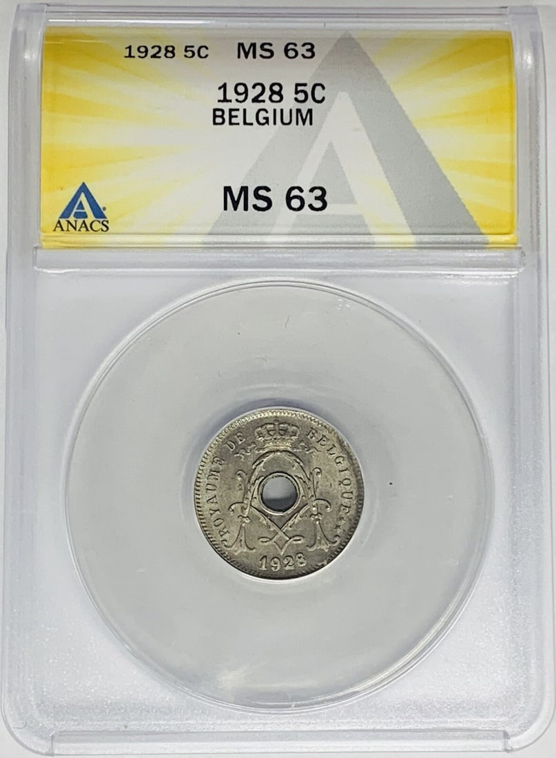 ANACS MS 63 Certified 1928 Belgium 5 Centimes Coin (1 of 2)