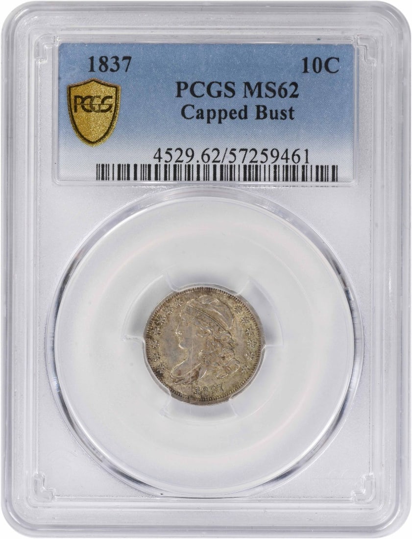 Capped Bust Dime 1837 MS62 Graded by PCGS Silver 10C Coin: Capped Bust Dime 1837 MS62 Graded by PCGS Silver 10C Coin This 1837 Capped Bust Silver Dime is graded MS62 by PCGS, indicating it is in uncirculated condition. Minted in Philadelphia, this pre-owned c
