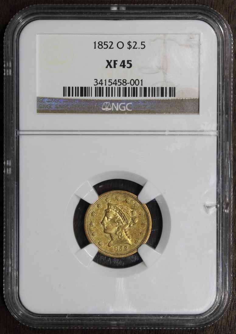 NGC XF45 $2.50 Liberty Head Gold Coin 1852 New Orleans Mint: NGC XF45 $2.50 Liberty Head Gold Coin 1852 New Orleans Mint This 1852-O Liberty Head Gold Quarter Eagle is a $2.50 coin minted in New Orleans. Certified by NGC with a grade of XF 45, it is composed of