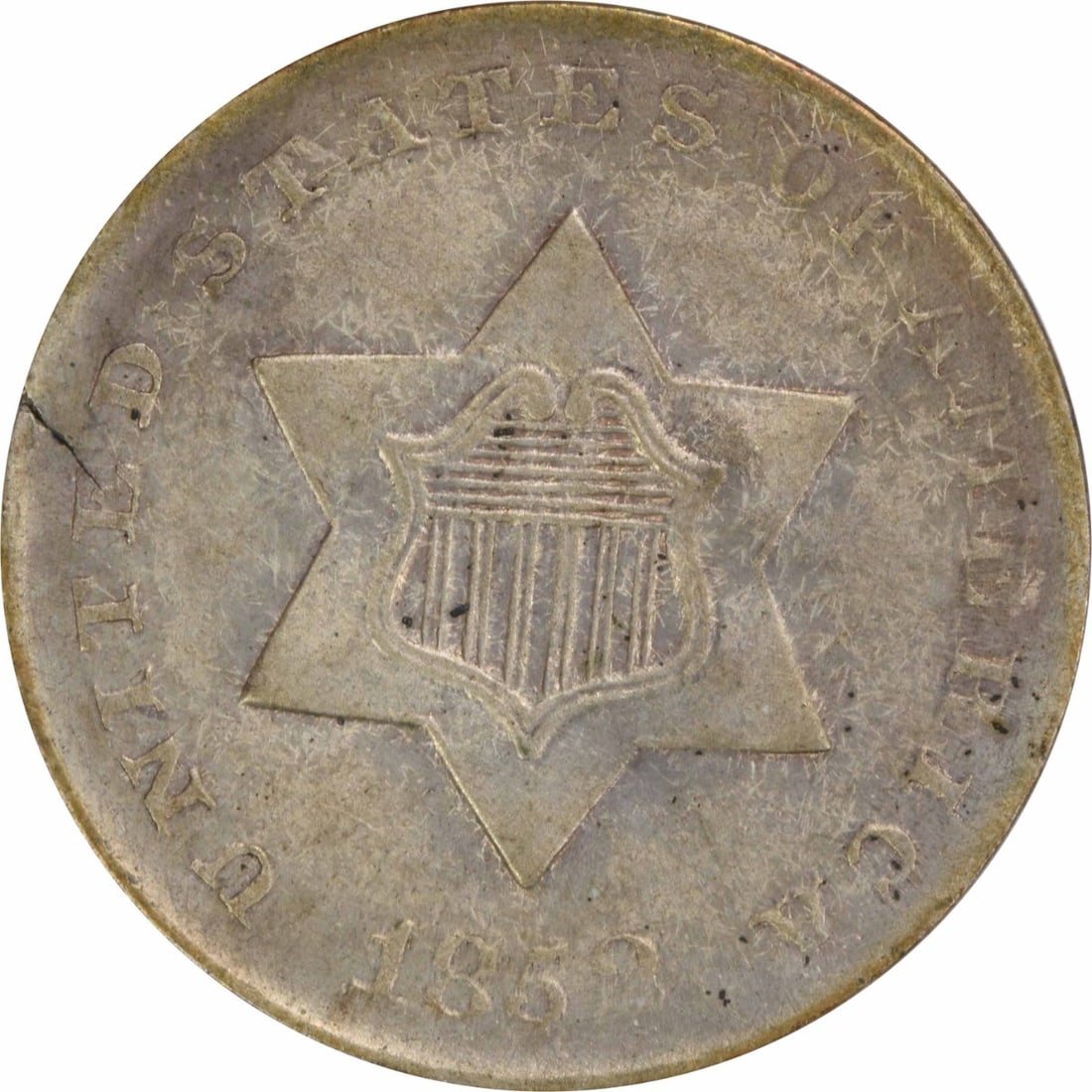 1852 Three Cent Silver Coin F Grade Uncertified US Mint Philadelphia: 1852 Three Cent Silver Coin F Grade Uncertified US Mint Philadelphia This 1852 Three Cent Silver coin, minted in Philadelphia, is a remarkable piece for collectors. It features a composition of 75% si