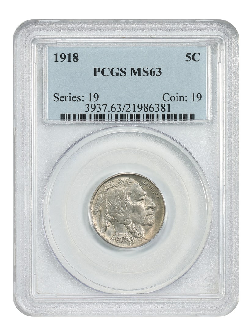1918 Buffalo Nickel Five Cent Coin PCGS MS63 Philadelphia Mint: 1918 Buffalo Nickel Five Cent Coin PCGS MS63 Philadelphia Mint This 1918 Buffalo Nickel features a denomination of 5 cents and was minted in Philadelphia. Graded MS63 by PCGS, it is an uncirculated co