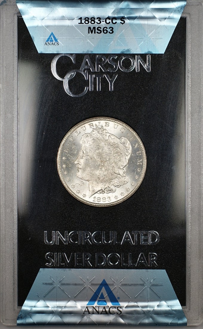 ANACS MS63 1883-CC Morgan Dollar GSA Hoard Silver Coin with COA and Box: ANACS MS63 1883-CC Morgan Dollar GSA Hoard Silver Coin with COA and Box This is an 1883-CC Morgan Silver Dollar from the GSA Hoard, certified by ANACS with an MS-63 grade. Minted at the Carson City Mi