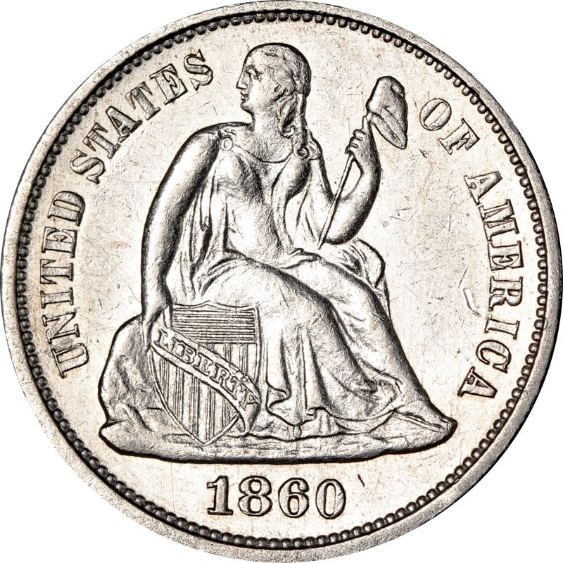 1860 Philadelphia Mint Silver Seated Liberty Dime United States Coin: 1860 Philadelphia Mint Silver Seated Liberty Dime United States Coin This is an 1860-P Seated Liberty Dime from the United States. Composed of silver with a fineness of 0.9, this pre-owned coin is cla