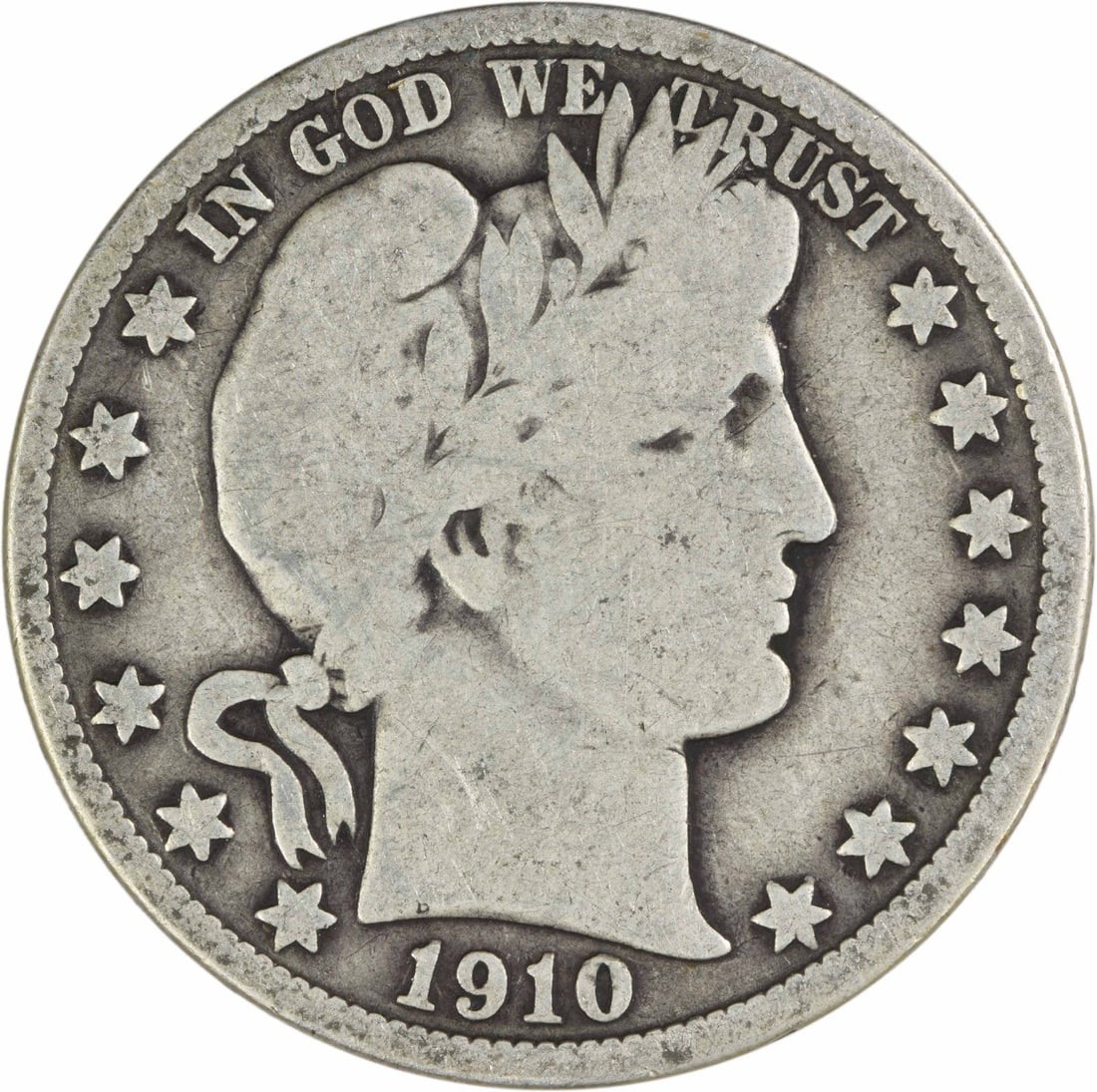 1910 United States Barber Half Dollar 90 Percent Silver VG Grade Uncertified Coin: 1910 United States Barber Half Dollar 90 Percent Silver VG Grade Uncertified Coin This 1910 Barber Half Dollar is a circulated U.S. coin designed by Charles E. Barber. Struck at the Philadelphia Mint,