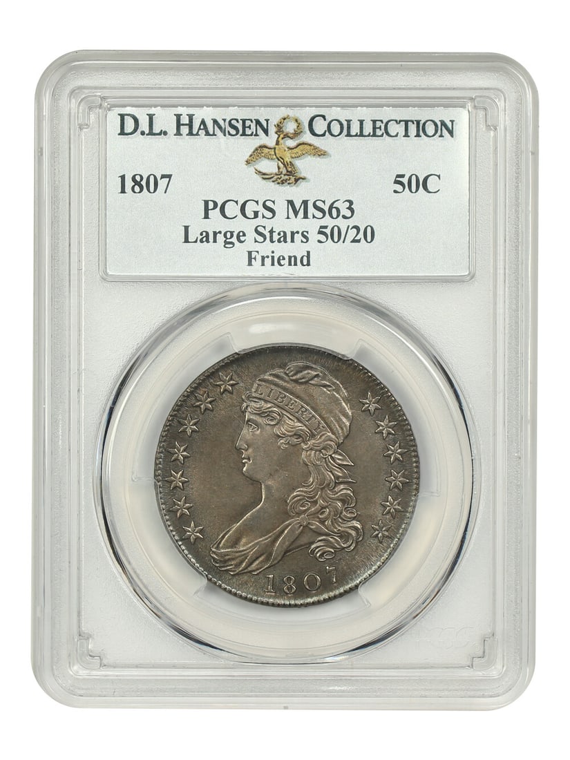 1807 Capped Bust Half Dollar 50C PCGS MS63 50/20 Certified: 1807 Capped Bust Half Dollar 50C PCGS MS63 50/20 Certified This 1807 Capped Bust Half Dollar is a remarkable example of early American coinage, graded MS63 by PCGS. With a total mintage of 750,500, th
