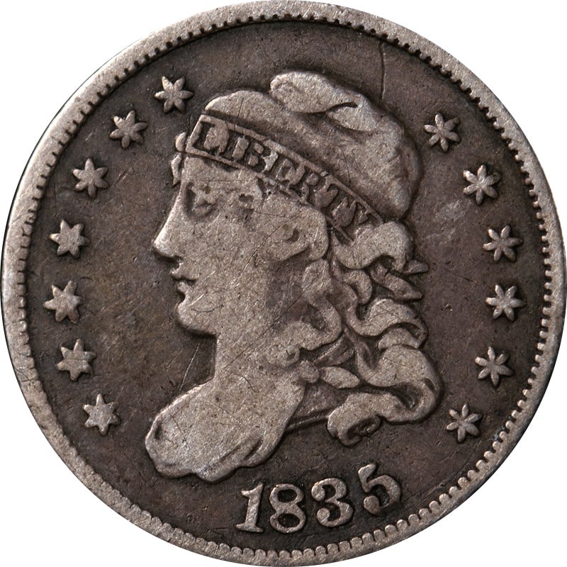 United States 1835 Silver Bust Half Dime Coin: United States 1835 Silver Bust Half Dime Coin This 1835 Bust Half Dime is a circulated, pre-owned coin composed of silver. Minted in the United States, it remains uncertified and carries the classic d