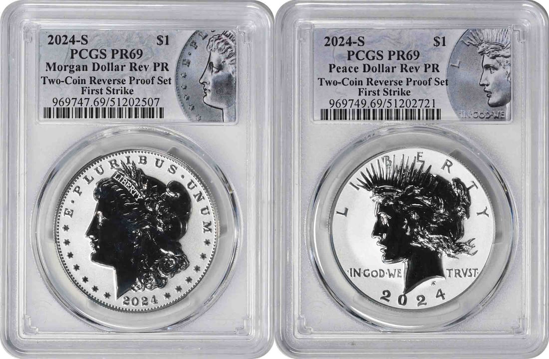 2024-S Morgan Peace Silver Dollar Reverse Proof PR69 FS PCGS Certified: 2024-S Morgan Peace Silver Dollar Reverse Proof PR69 FS PCGS Certified This 2024-S Morgan Peace Silver Dollar Reverse Proof Set is a stunning collectible piece, showcasing a perfect blend of historic 
