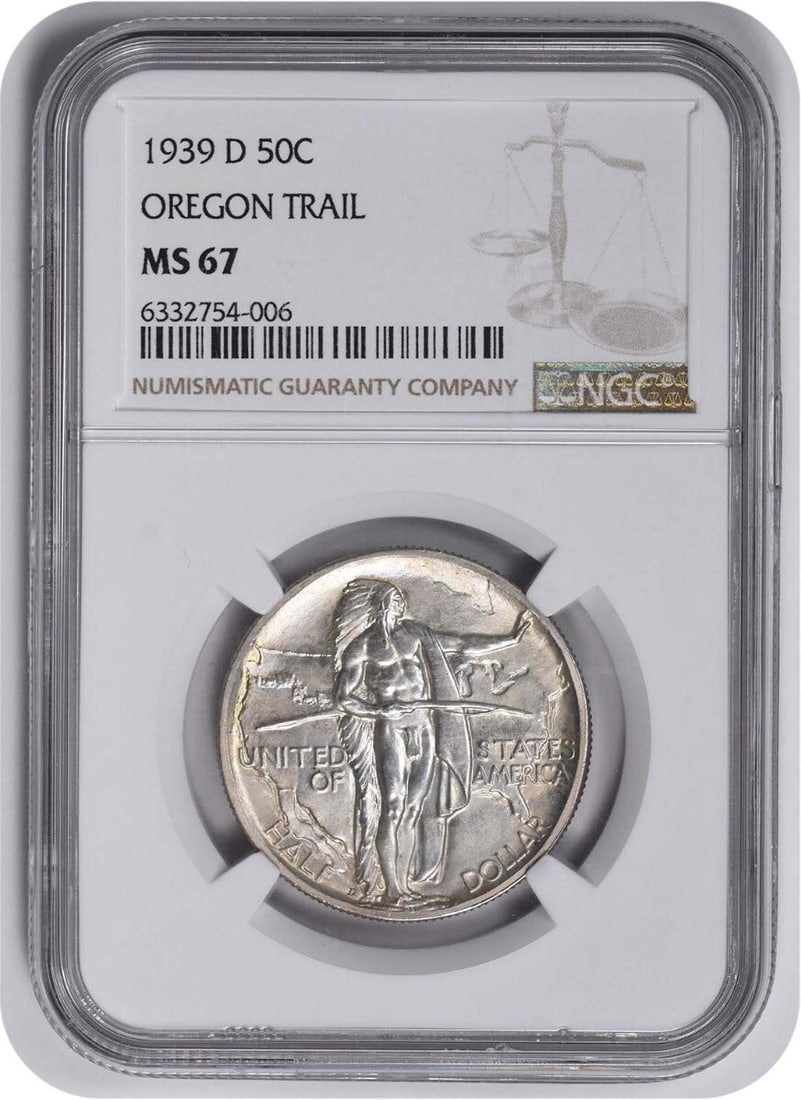 1939-D Oregon Silver Half Dollar MS67 Graded by NGC: 1939-D Oregon Silver Half Dollar MS67 Graded by NGC This Oregon Commemorative Silver Half Dollar was minted in 1939 at the Denver Mint. Graded MS67 by NGC, the uncirculated coin features a composition