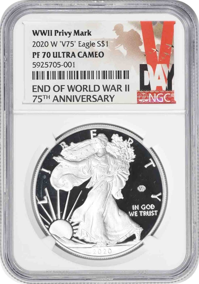 NGC PR70 2020-W American Silver Eagle v75 Privy 1 oz Proof Coin: NGC PR70 2020-W American Silver Eagle v75 Privy 1 oz Proof Coin This 2020-W American Silver Eagle coin commemorates the End of World War II and features the v75 privy mark. Struck at the West Point Mi