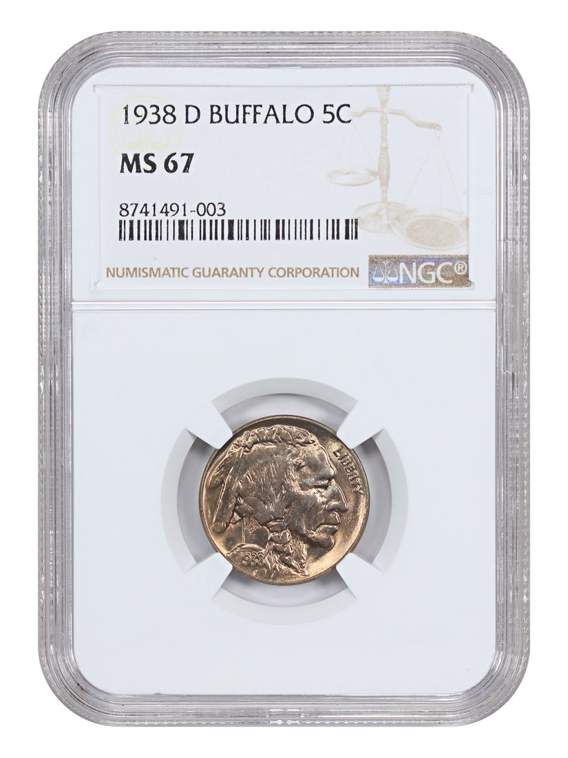 NGC MS67 1938 Denver Mint Buffalo Nickel Five Cent Coin: NGC MS67 1938 Denver Mint Buffalo Nickel Five Cent Coin This is a 1938-D Buffalo Nickel graded MS67 by NGC, featuring a 5-cent denomination. The coin was minted in Denver and is part of the Buffalo Ni