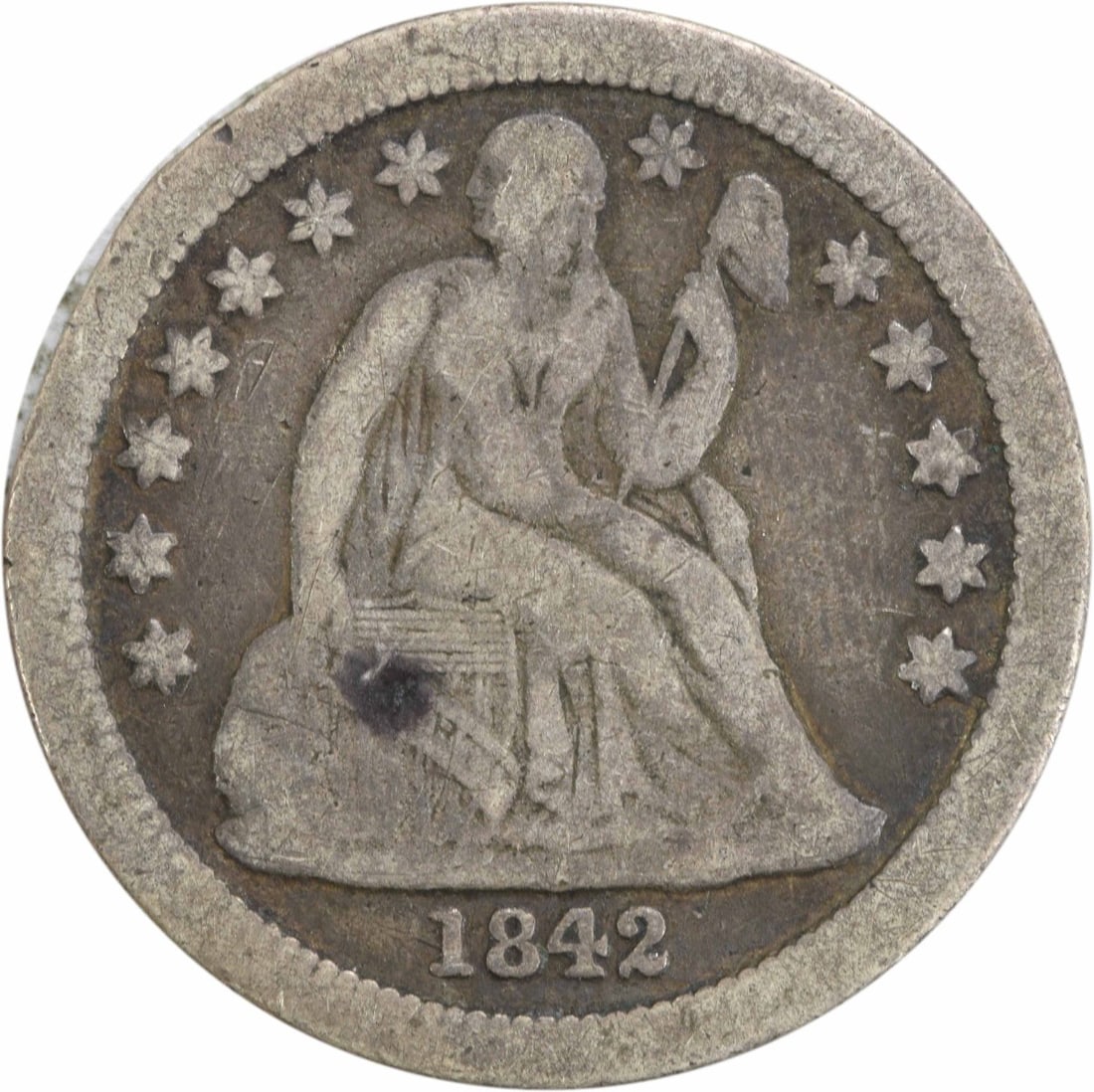 1842-O Liberty Seated Silver Dime 10C Uncertified VG: 1842-O Liberty Seated Silver Dime 10C Uncertified VG This 1842-O Liberty Seated Silver Dime is a remarkable piece of numismatic history, showcasing intricate design elements crafted by renowned design