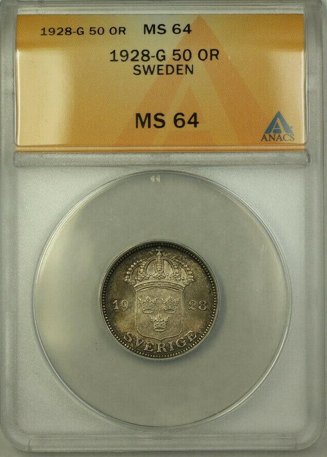 Sweden 1928-G 50 Ore Silver Coin ANACS MS 64 Toned KM788: Sweden 1928-G 50 Ore Silver Coin ANACS MS 64 Toned KM788 This is a 1928-G Sweden 50 Ore silver coin, certified by ANACS with a grade of MS 64. The coin features attractive toning and remains in uncirc