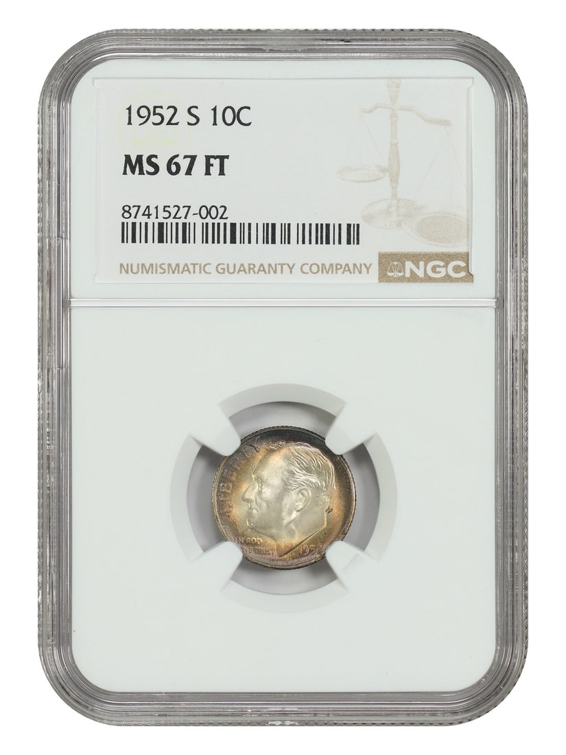 NGC MS67FB 1952-S San Francisco Roosevelt Dime 10C Uncirculated: NGC MS67FB 1952-S San Francisco Roosevelt Dime 10C Uncirculated This is a 1952-S Roosevelt Dime graded MS67FB by NGC. The coin is uncirculated and has the Full Bands (FB) designation, indicating stron