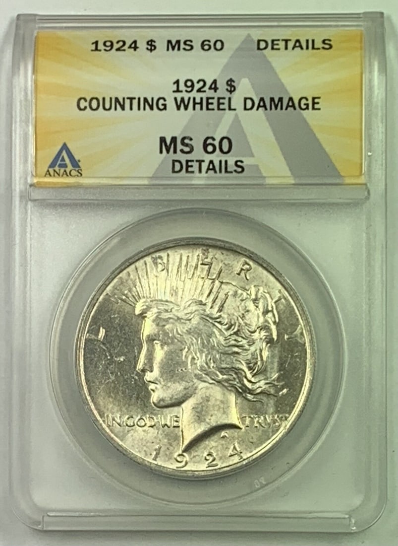 1924 ANACS MS 60 Peace Dollar Silver Coin Certified Uncirculated: 1924 ANACS MS 60 Peace Dollar Silver Coin Certified Uncirculated This is a 1924 Peace Silver $1 Dollar Coin from the United States, certified by ANACS with a grade of MS 60. The coin is uncirculated a