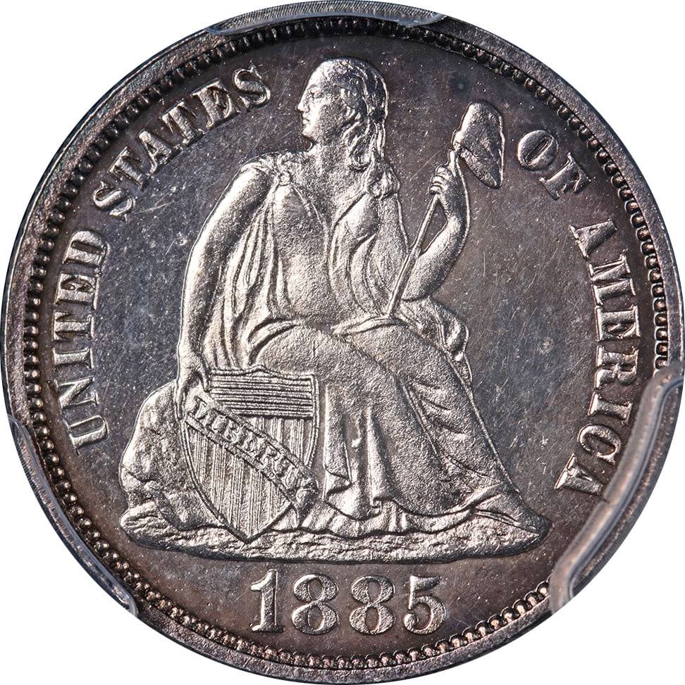 1885 Seated Liberty Dime Proof PCGS PR65 Silver Coin: 1885 Seated Liberty Dime Proof PCGS PR65 Silver Coin This exceptional 1885 Seated Liberty Dime Proof is certified by PCGS with a grade of PR65, showcasing superb eye appeal, fantastic luster, and a st