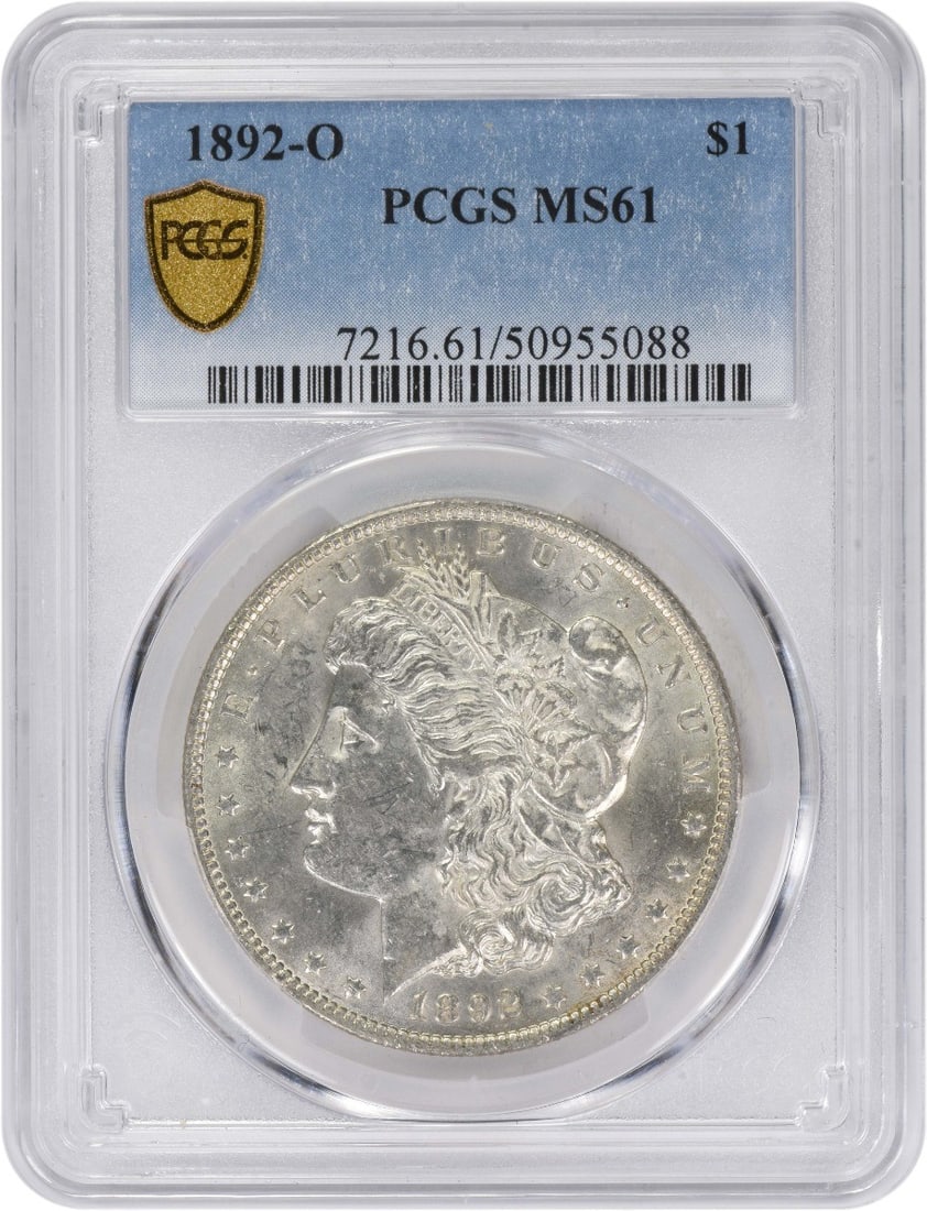 PCGS MS61 1892-O Morgan Dollar 90 Percent Silver Uncirculated: PCGS MS61 1892-O Morgan Dollar 90 Percent Silver Uncirculated This 1892-O Morgan Silver Dollar is certified MS61 by PCGS. Struck at the New Orleans Mint, it is composed of 90% silver and 10% copper an