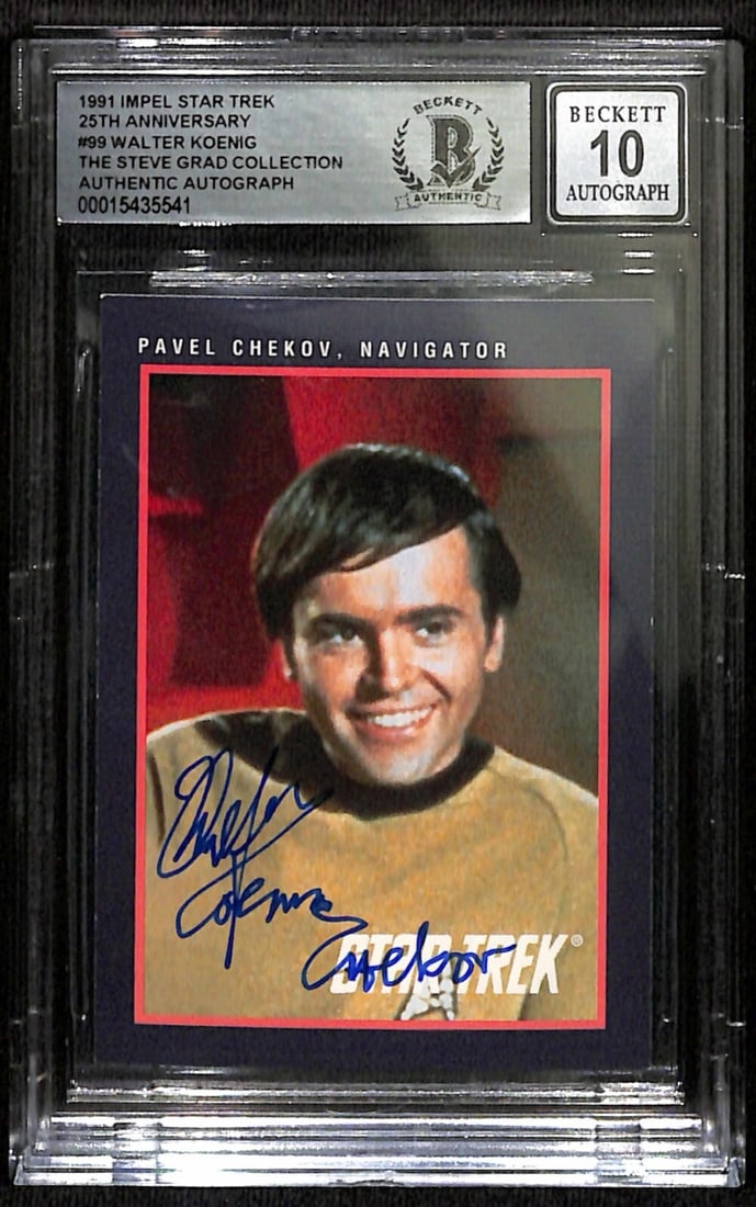 Walter Koenig Signed 1991 Impel Star Trek Chekov Card Auto 10 Beckett: Walter Koenig Signed 1991 Impel Star Trek Chekov Card Auto 10 Beckett This autographed 1991 Impel Star Trek 25th Anniversary trading card features the signature of Walter Koenig, who portrayed Pavel C