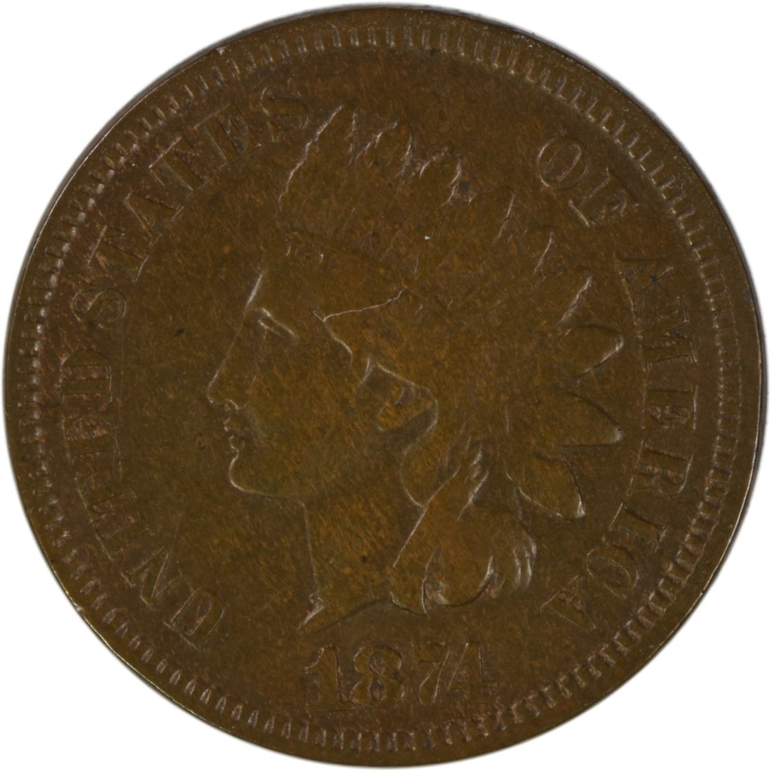 1874 Indian Head Small Cent VF Grade Uncertified Philadelphia Mint: 1874 Indian Head Small Cent VF Grade Uncertified Philadelphia Mint This is an 1874 Indian Head Cent from the United States, struck at the Philadelphia Mint. It is composed of 95% copper with 5% tin an