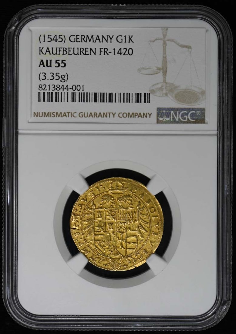 Germany Kaufbeuren Gold G1K Coin NGC AU55 3.35g Certified: Germany Kaufbeuren Gold G1K Coin NGC AU55 3.35g Certified This 1545 Germany Gold G1K Kaufbeuren coin is a pre-owned numismatic piece certified by NGC with a grade of AU55. It weighs 3.35 grams and ori