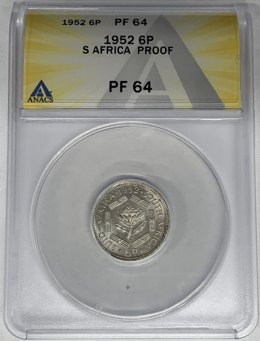 South Africa 1952 6 Pence Proof Coin ANACS PR 64 Certified: South Africa 1952 6 Pence Proof Coin ANACS PR 64 Certified This is a 1952 South Africa Proof 6 Pence coin, graded PR 64 by ANACS. The coin is uncirculated and comes from South Africa. It has been cert