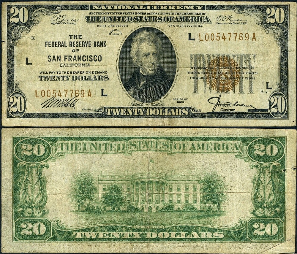 1929 San Francisco $20 Federal Reserve Note Brown Seal Fine Plus With Pinholes: 1929 San Francisco $20 Federal Reserve Note Brown Seal Fine Plus With Pinholes This is a 1929 $20 Federal Reserve Bank Note from San Francisco, L-A Block, cataloged as FR. 1870 L. The note is circulat