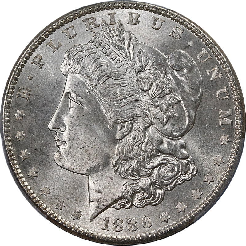1886-P Morgan Silver Dollar PCGS MS66+ Blazing White Gem Coin: 1886-P Morgan Silver Dollar PCGS MS66+ Blazing White Gem Coin This stunning 1886-P Morgan Silver Dollar boasts a remarkable MS66+ grade from PCGS, ensuring its status as a high-quality collectible. Kn