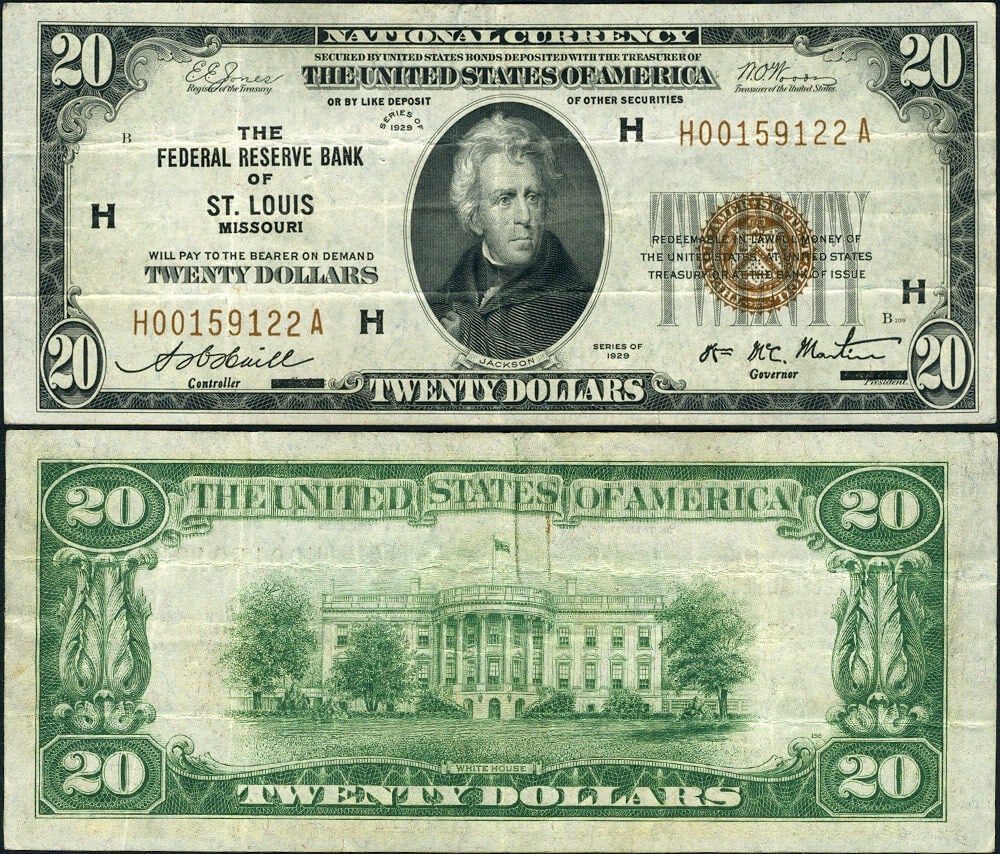 1929 St. Louis Federal Reserve $20 Brown Seal Banknote VF Plus H-A Block (1 of 3)