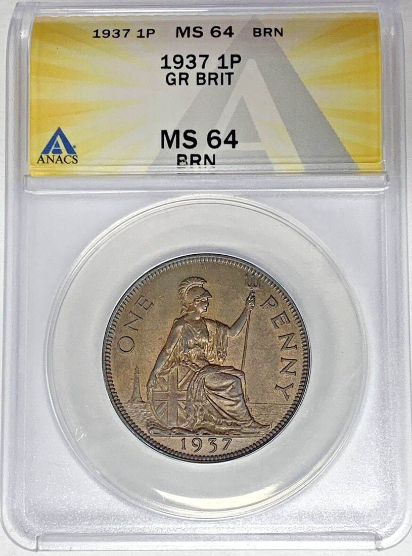 1937 United Kingdom Penny ANACS Graded MS 64 Brown: 1937 United Kingdom Penny ANACS Graded MS 64 Brown This is a 1937 Great Britain One Penny coin, certified by ANACS with a grade of MS 64 BN. The coin is from the United Kingdom and features a brown co