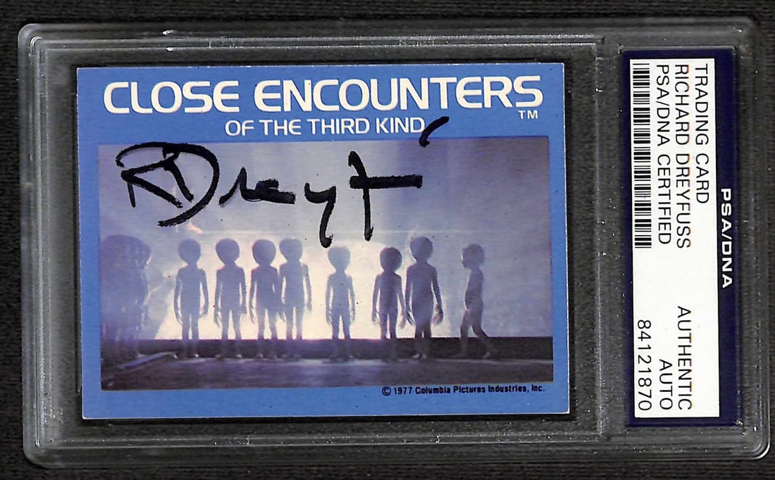 Richard Dreyfuss Signed 1977 Close Encounters Trading Card PSA/DNA Certified: Richard Dreyfuss Signed 1977 Close Encounters Trading Card PSA/DNA Certified This listing features an original 1977 Close Encounters of the Third Kind trading card, signed by Academy Award-winning act