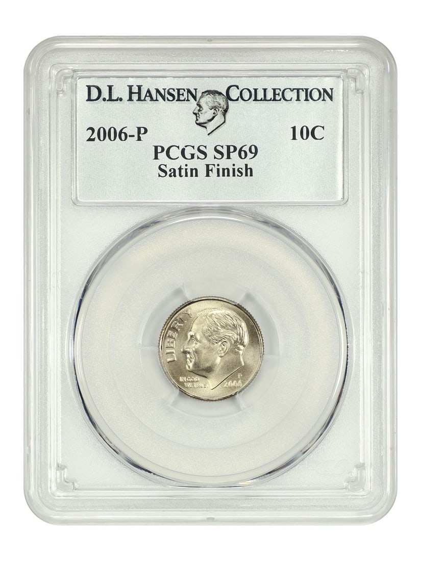 PCGS SP69 Satin Finish 2006 Philadelphia Roosevelt Dime ex D L Hansen: PCGS SP69 Satin Finish 2006 Philadelphia Roosevelt Dime ex D L Hansen This 2006-P Roosevelt Dime features a satin finish and has been certified by PCGS with a grade of SP69. The coin originates from t