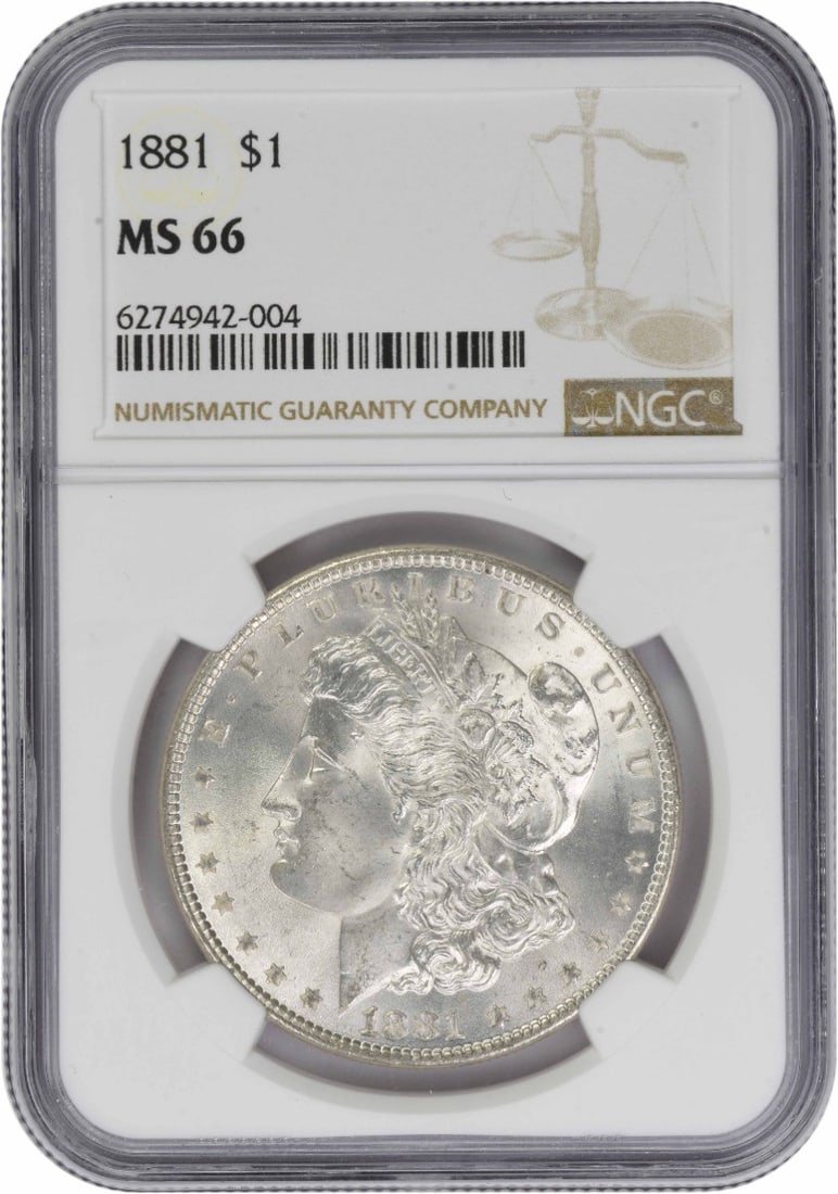 NGC MS66 1881 Morgan Dollar 90 Percent Silver from Philadelphia: NGC MS66 1881 Morgan Dollar 90 Percent Silver from Philadelphia This 1881 Morgan Silver Dollar was struck at the Philadelphia Mint and is graded MS66 by NGC. Designed by George T. Morgan, this coin is