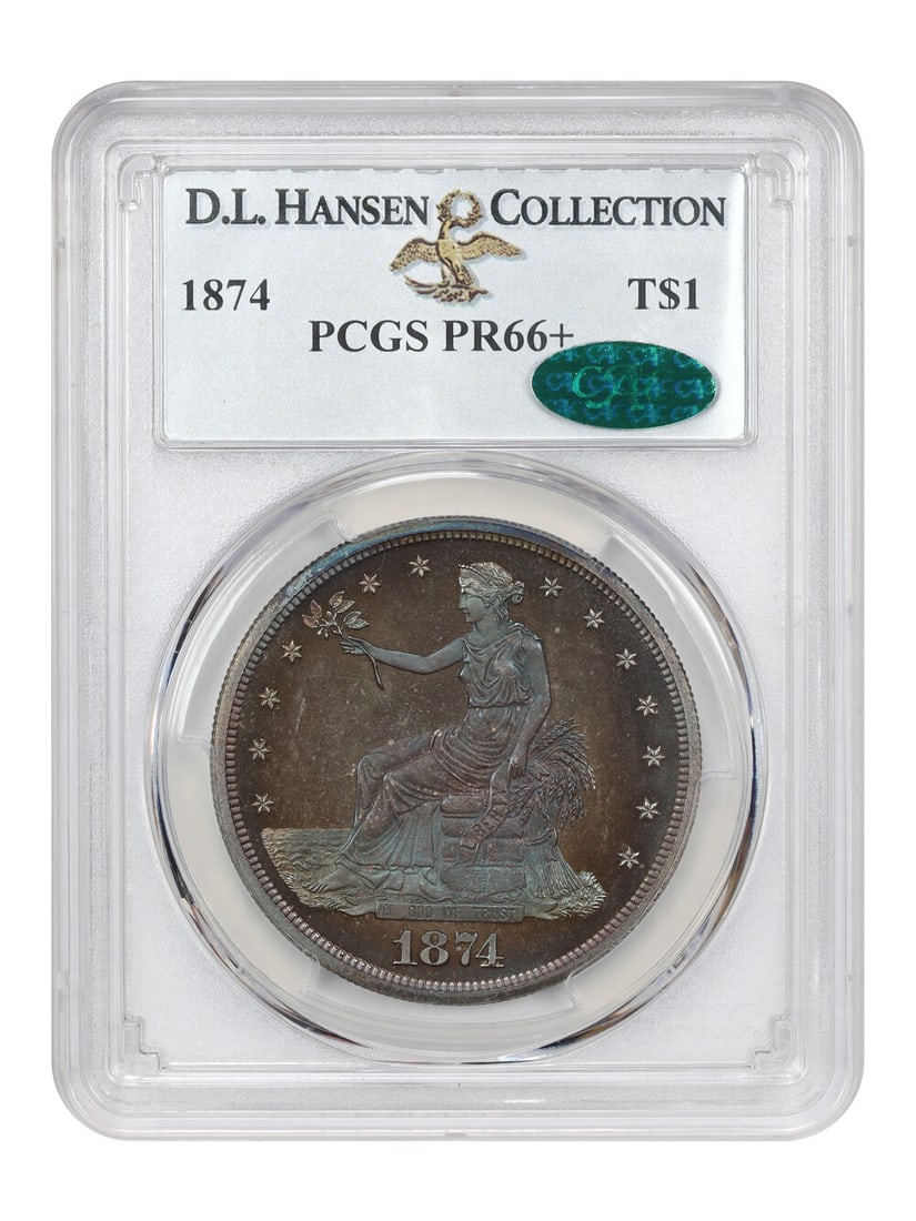 1874 Trade Dollar $1 PR66+ PCGS CAC Approved Rare Colorful Coin: 1874 Trade Dollar $1 PR66+ PCGS CAC Approved Rare Colorful Coin This stunning 1874 Trade Dollar is a remarkable find, graded PR66+ by PCGS and CAC-approved, making it a coveted addition for any seriou