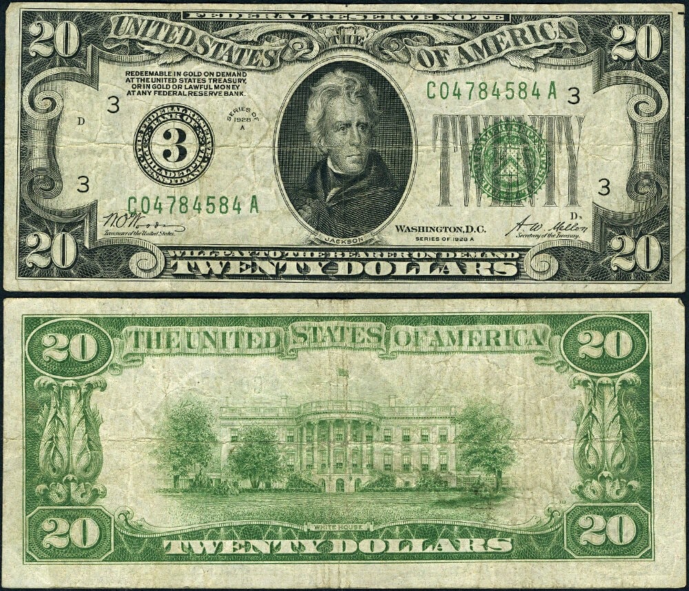 1928-A $20 Philadelphia Federal Reserve Note C-A Block VF: 1928-A $20 Philadelphia Federal Reserve Note C-A Block VF This is a 1928-A $20 Federal Reserve Note from the Philadelphia district, C-A Block, graded VF (Very Fine). The note exhibits original paper q