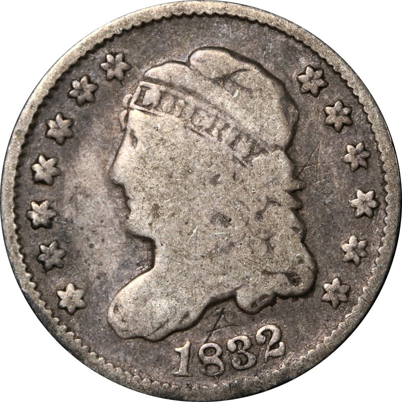 1832 Bust Half Dime Silver Coin Circulated Classic Design: 1832 Bust Half Dime Silver Coin Circulated Classic Design This 1832 Bust Half Dime is a historic piece of American numismatic heritage. It features a silver composition with a fineness of 0.9, showcas