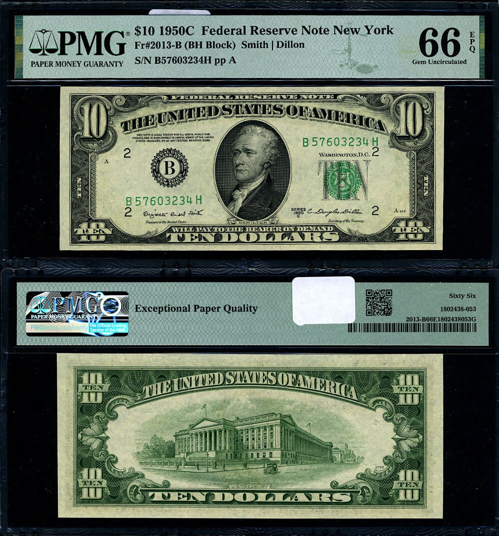 1950-C $10 Federal Reserve Note B-H Block PMG Gem CU66 EPQ: 1950-C $10 Federal Reserve Note B-H Block PMG Gem CU66 EPQ This 1950-C $10 Federal Reserve Note from the New York B-H Block is in uncirculated condition, graded as Gem CU66 EPQ by PMG. It features exc