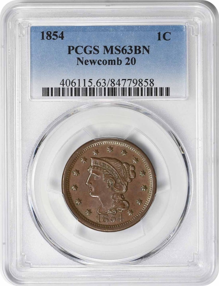 1854 Braided Hair Large Cent MS63BN Certified PCGS Copper Coin: 1854 Braided Hair Large Cent MS63BN Certified PCGS Copper Coin This 1854 Large Cent, certified by PCGS, showcases the exquisite Braided Hair design by Christian Gobrecht. Struck in copper at the Phila