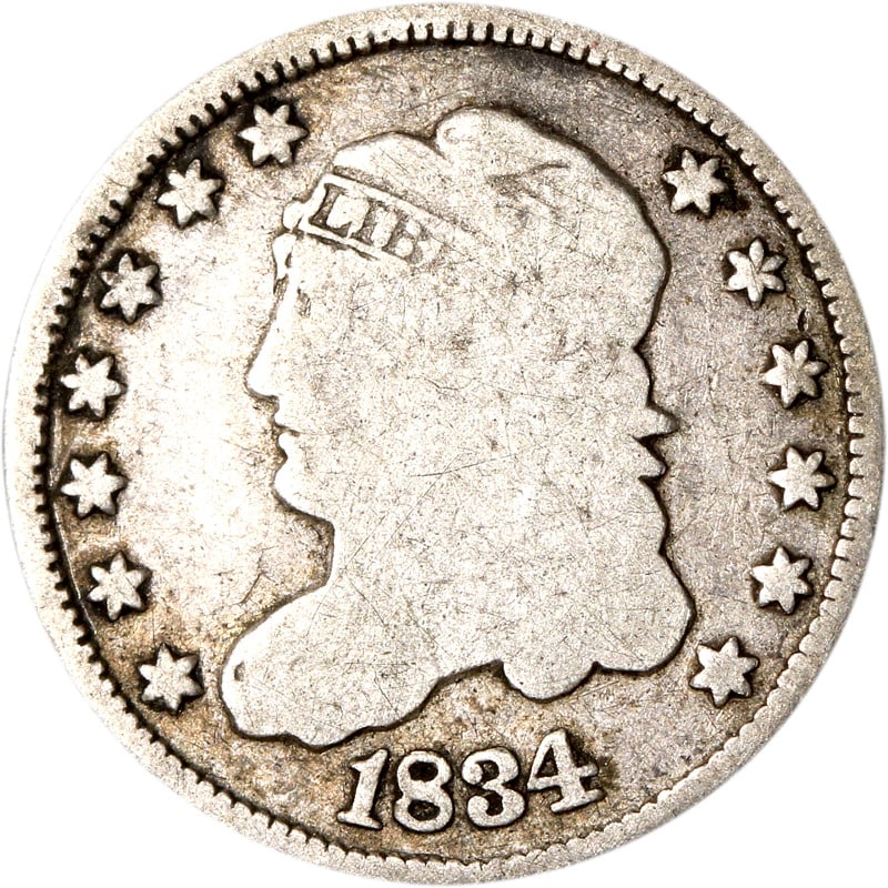United States 1834 Silver Bust Half Dime Coin: United States 1834 Silver Bust Half Dime Coin This is an 1834 Bust Half Dime from the United States. The coin is composed of silver and has been circulated. It is uncertified and is offered in pre-own